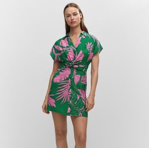 NWT MNG Mango Tropical Monstera Palm Leaves Shirt-style Green Pink Dress XS